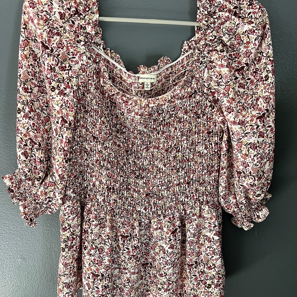 Max Studio Floral Peplum Top with Ruching and Elbow Drop Sleeve